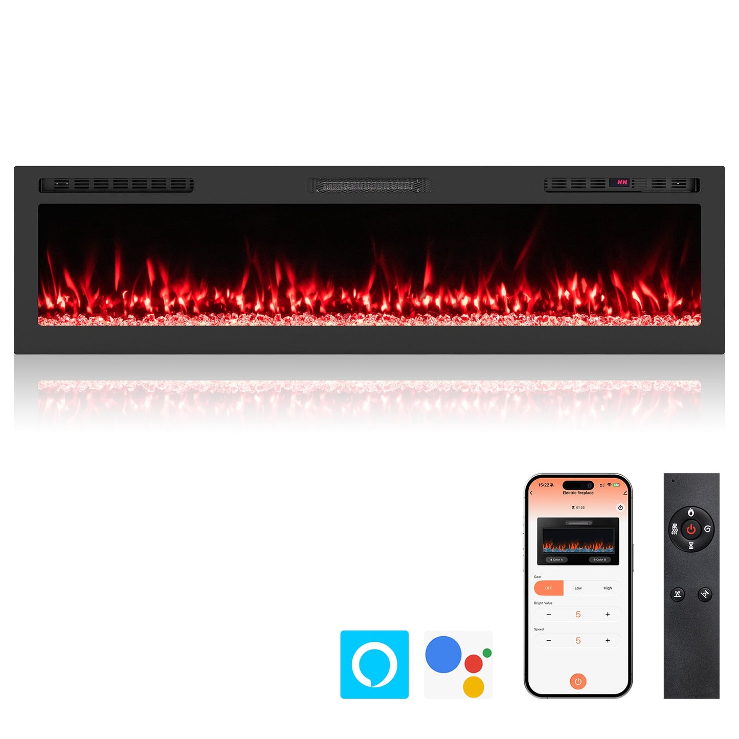 Smart WiFi Electric Fireplace Wall Mounted & Recessed 750W/1500W Heater