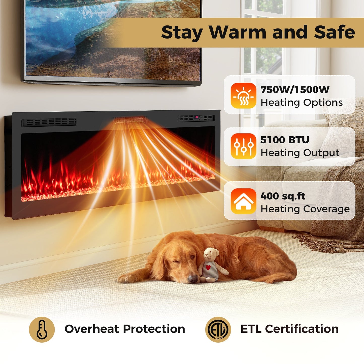Smart WiFi Electric Fireplace Wall Mounted & Recessed 750W/1500W Heater