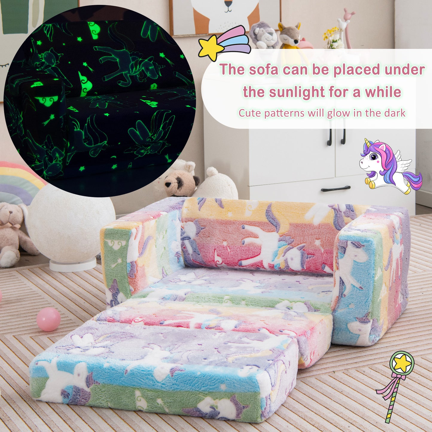 2-in-1 Flip Out Kids Sofa Chair with Glow-in-the-Dark Patterns