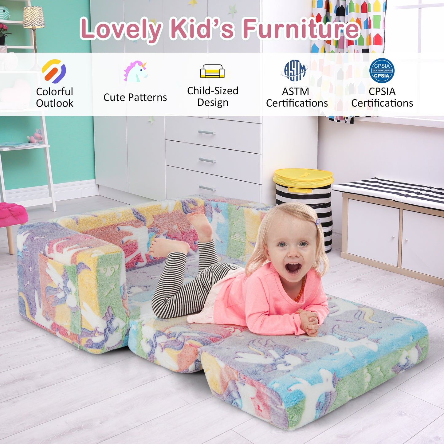 2-in-1 Flip Out Kids Sofa Chair with Glow-in-the-Dark Patterns
