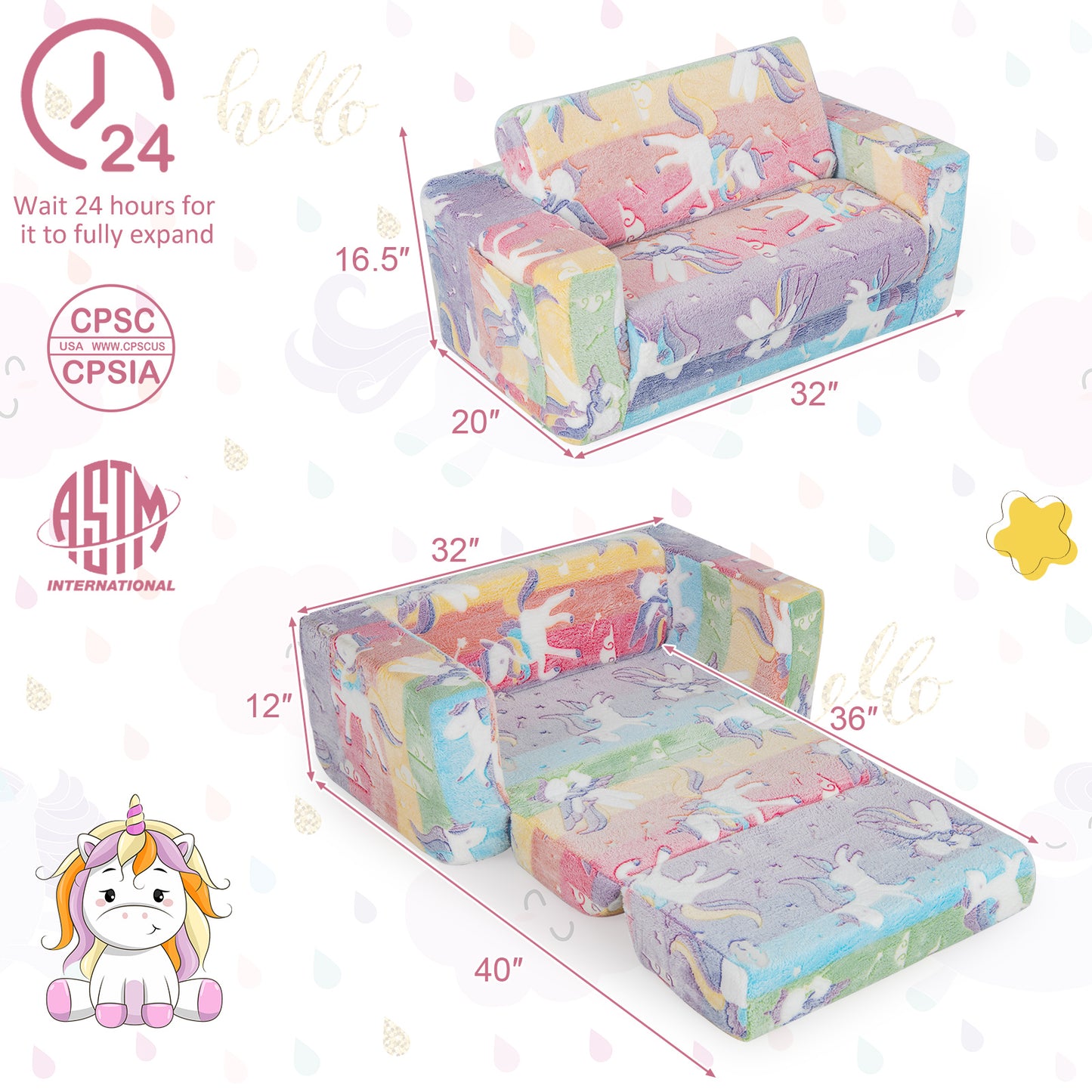 2-in-1 Flip Out Kids Sofa Chair with Glow-in-the-Dark Patterns
