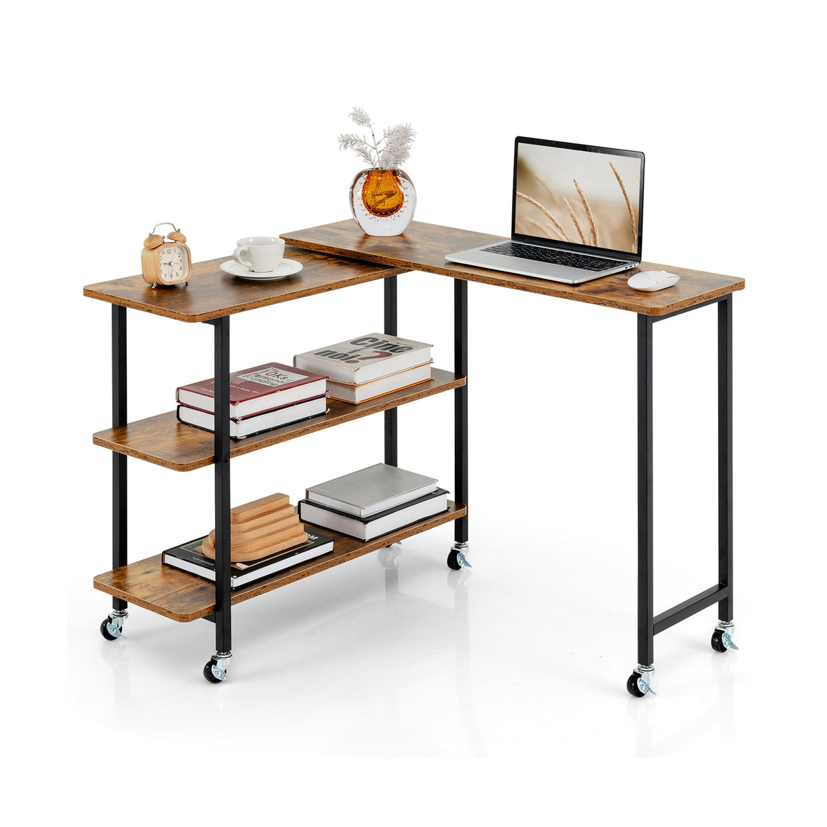 360° Rotating Sofa Side Table with 2-Tier Storage Shelves