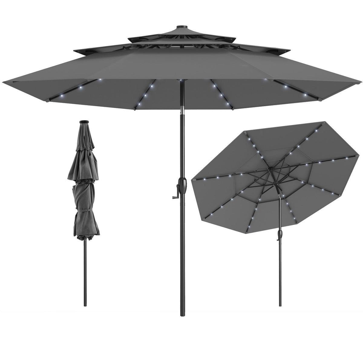 10 Feet Solar Patio Umbrella with 32 LED Lights 3-Tier Vented Top