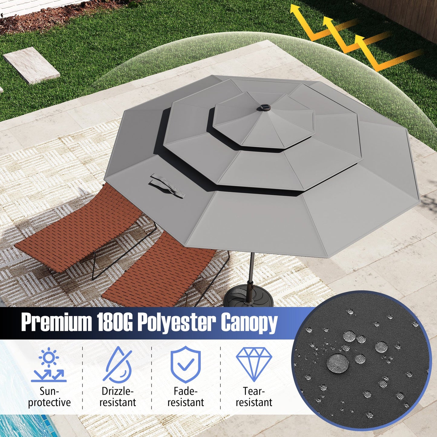 10 Feet Solar Patio Umbrella with 32 LED Lights 3-Tier Vented Top