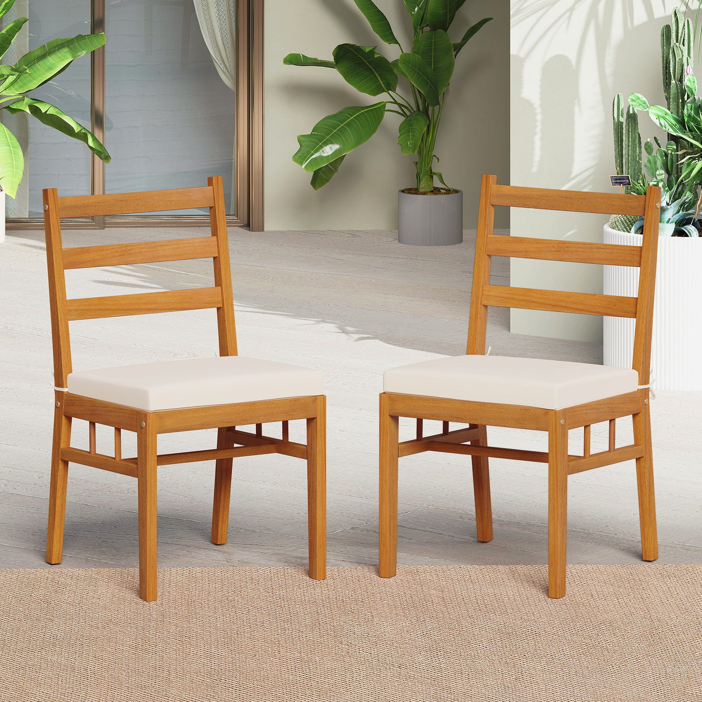 Acacia Wood Patio Dining Chairs Set of 2 with Cushions