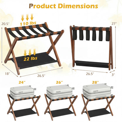 Solid Rubberwood Folding Luggage Rack with Nylon Shelves Set of 2
