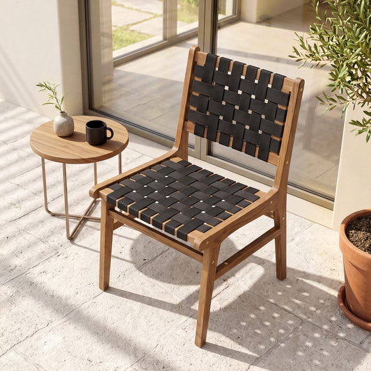 Teak Outdoor Dining Chair with Hand-Woven Strap