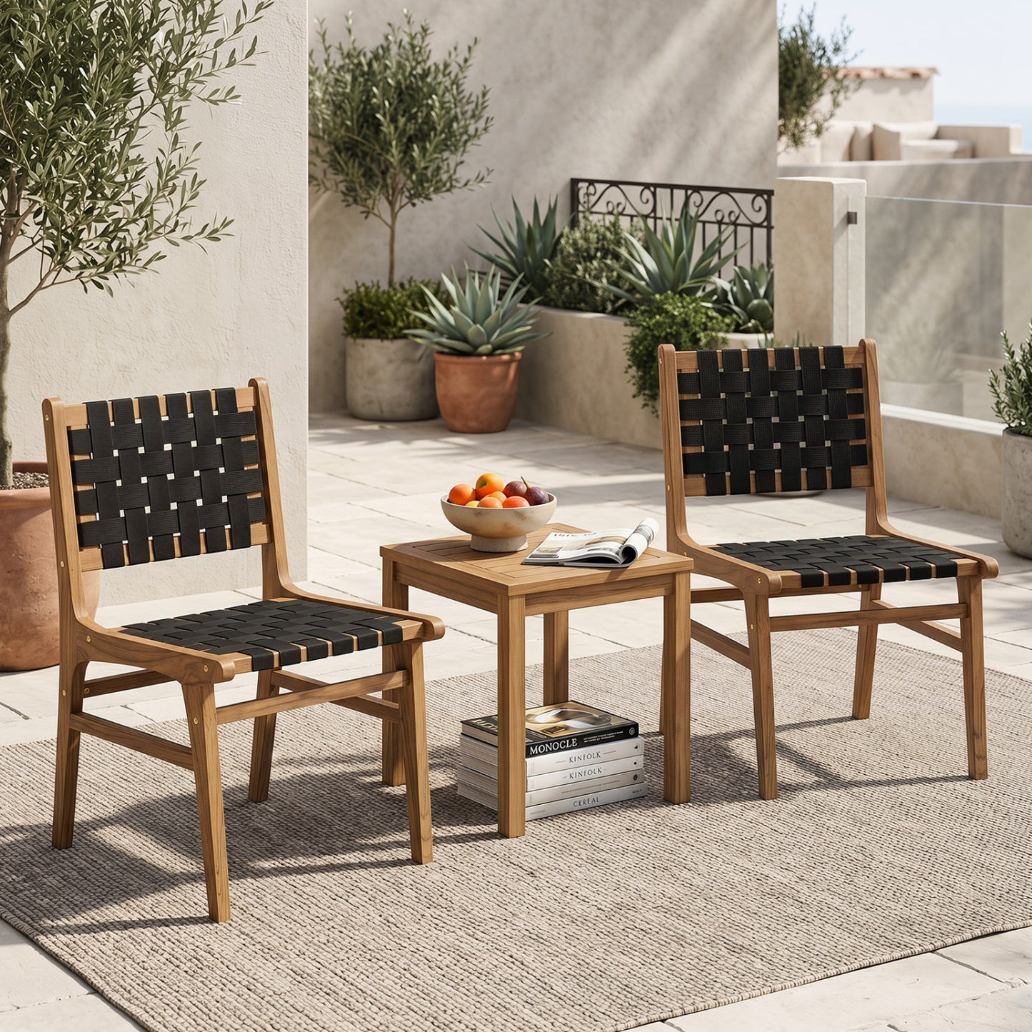 Teak Outdoor Dining Chair with Hand-Woven Strap