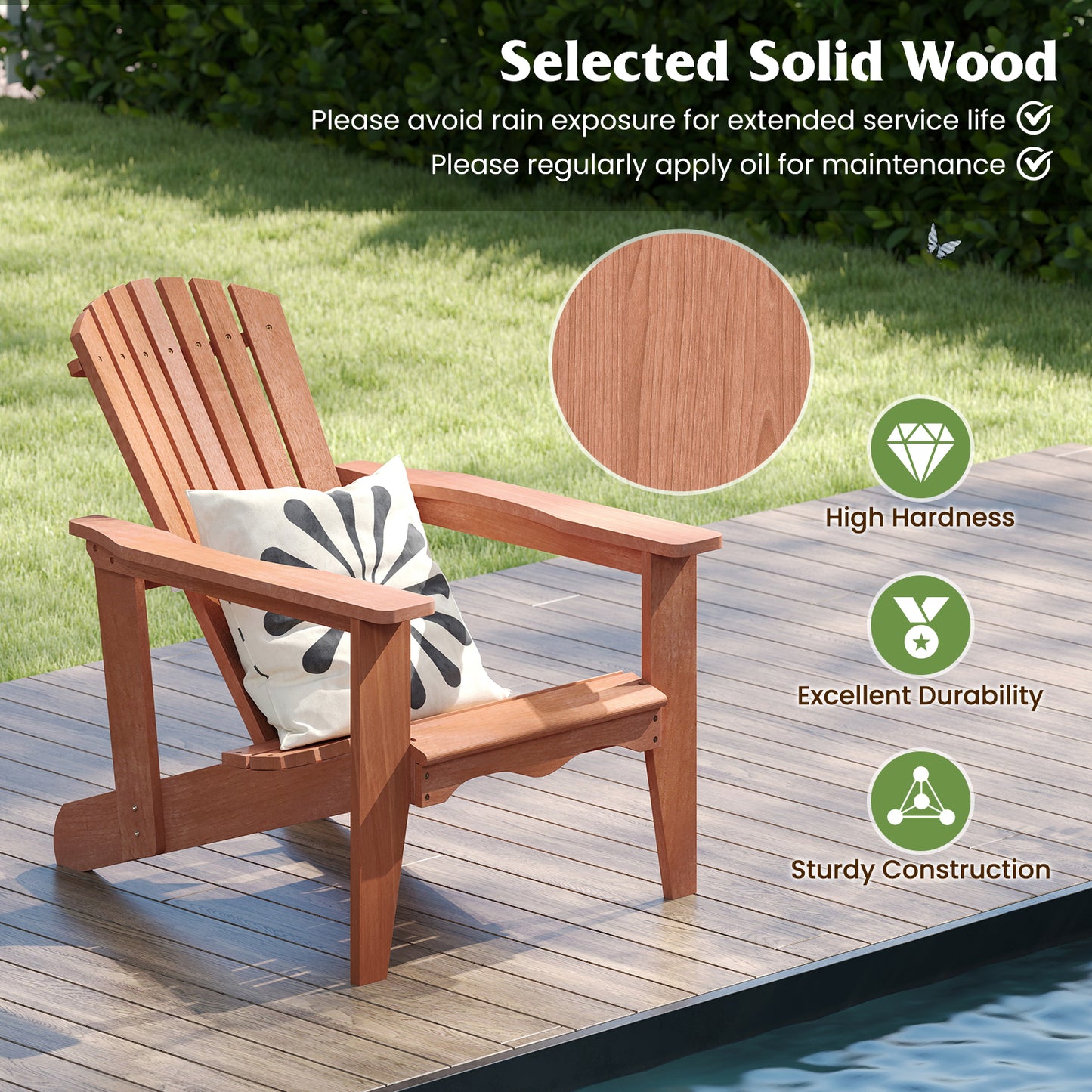 Solid Wood Adirondack Chair with High Backrest