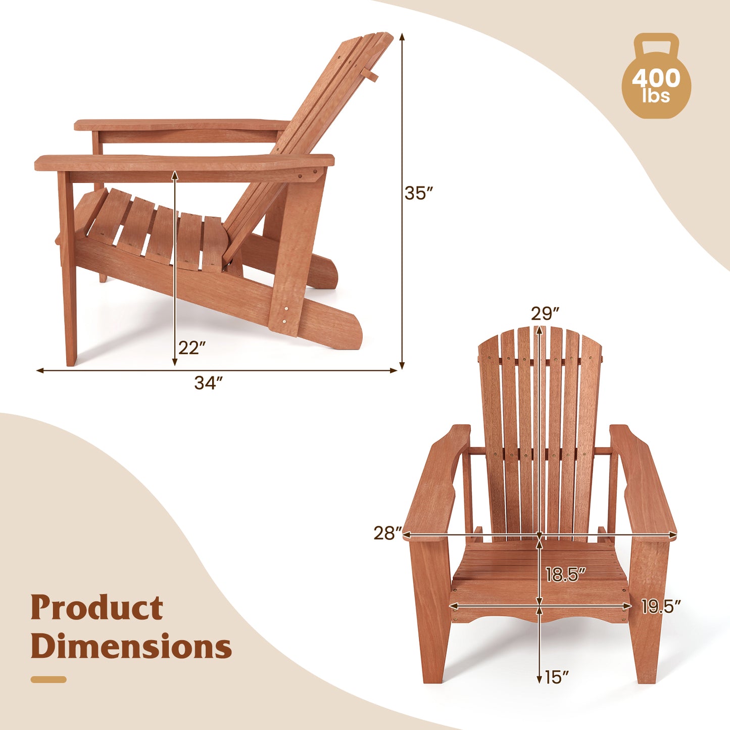 Solid Wood Adirondack Chair with High Backrest