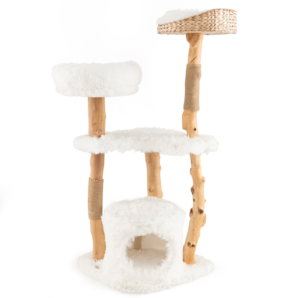 Solid Wood Cat Tower with Top Cattail Basket Cat Bed