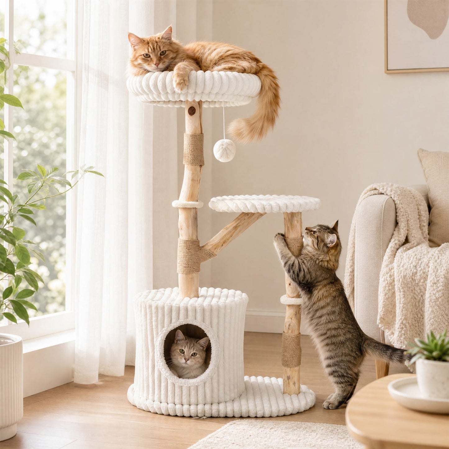Solid Wood Cat Tree 41" with Real Branches & Cozy Bed