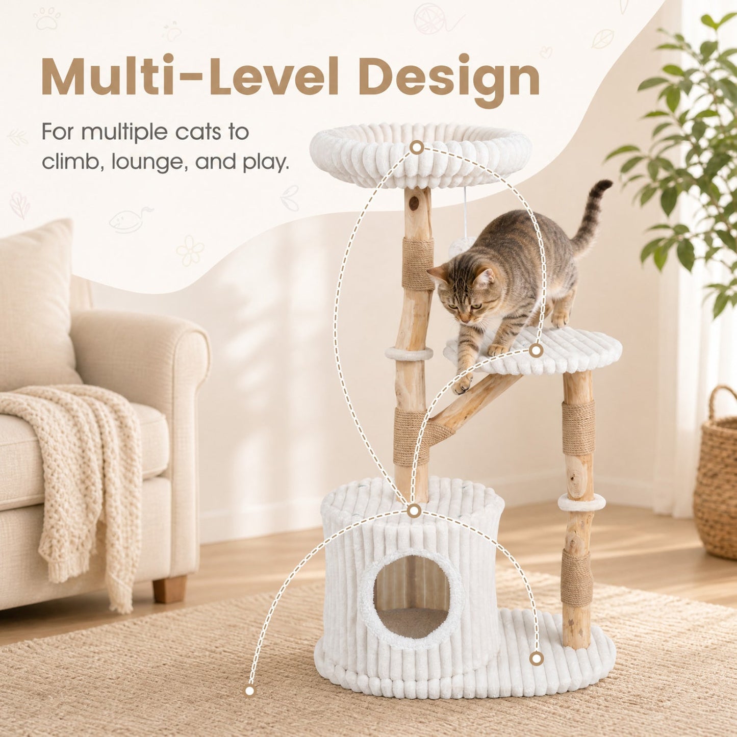 Solid Wood Cat Tree 41" with Real Branches & Cozy Bed