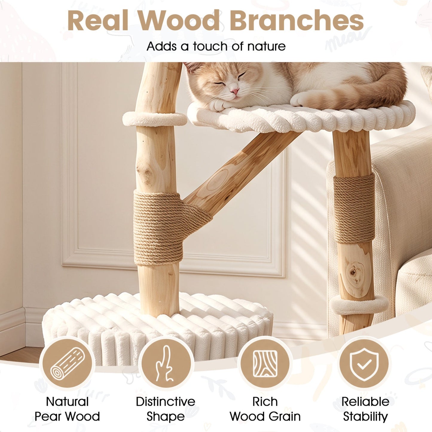 Solid Wood Cat Tree 41" with Real Branches & Cozy Bed