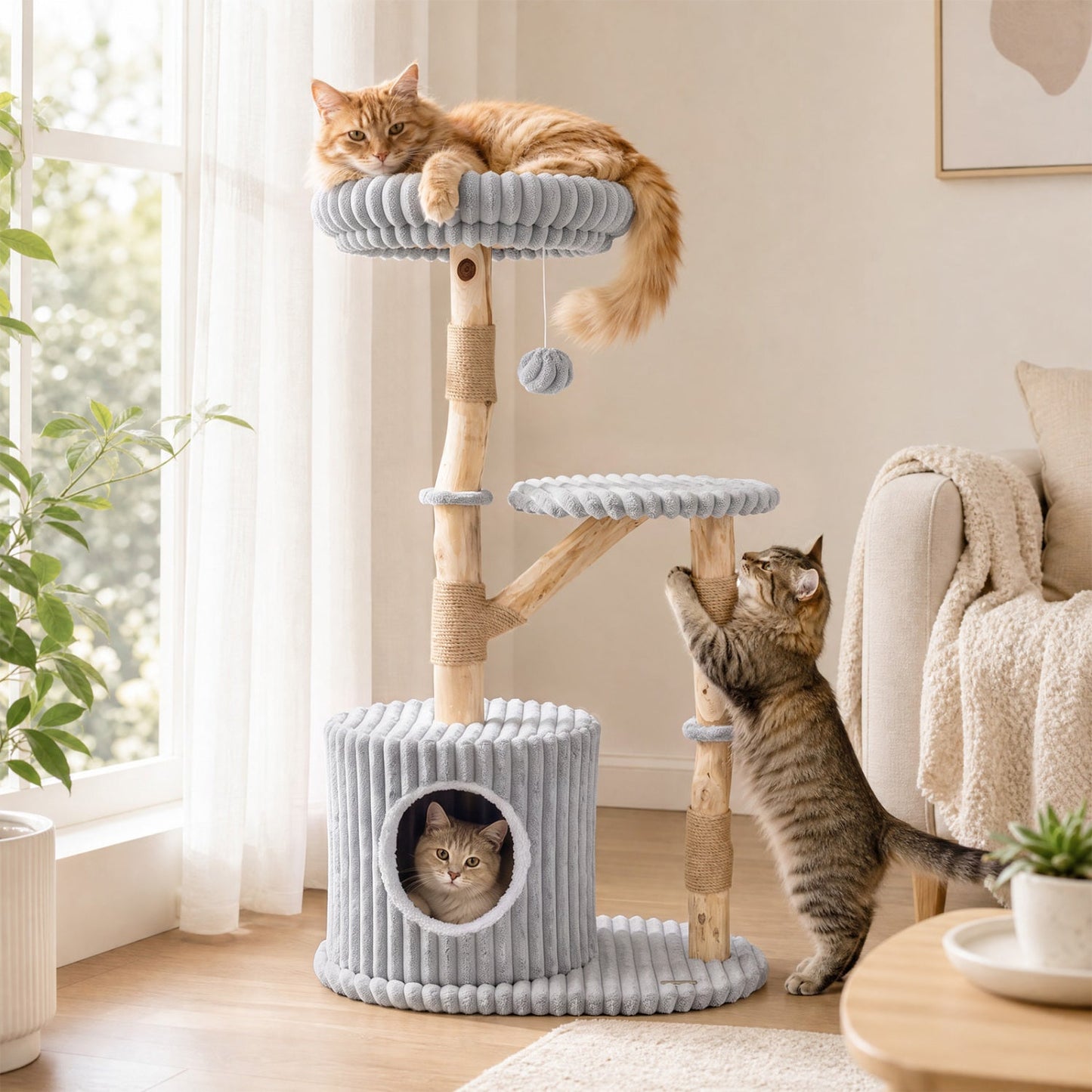 Solid Wood Cat Tree 41" with Real Branches & Cozy Bed