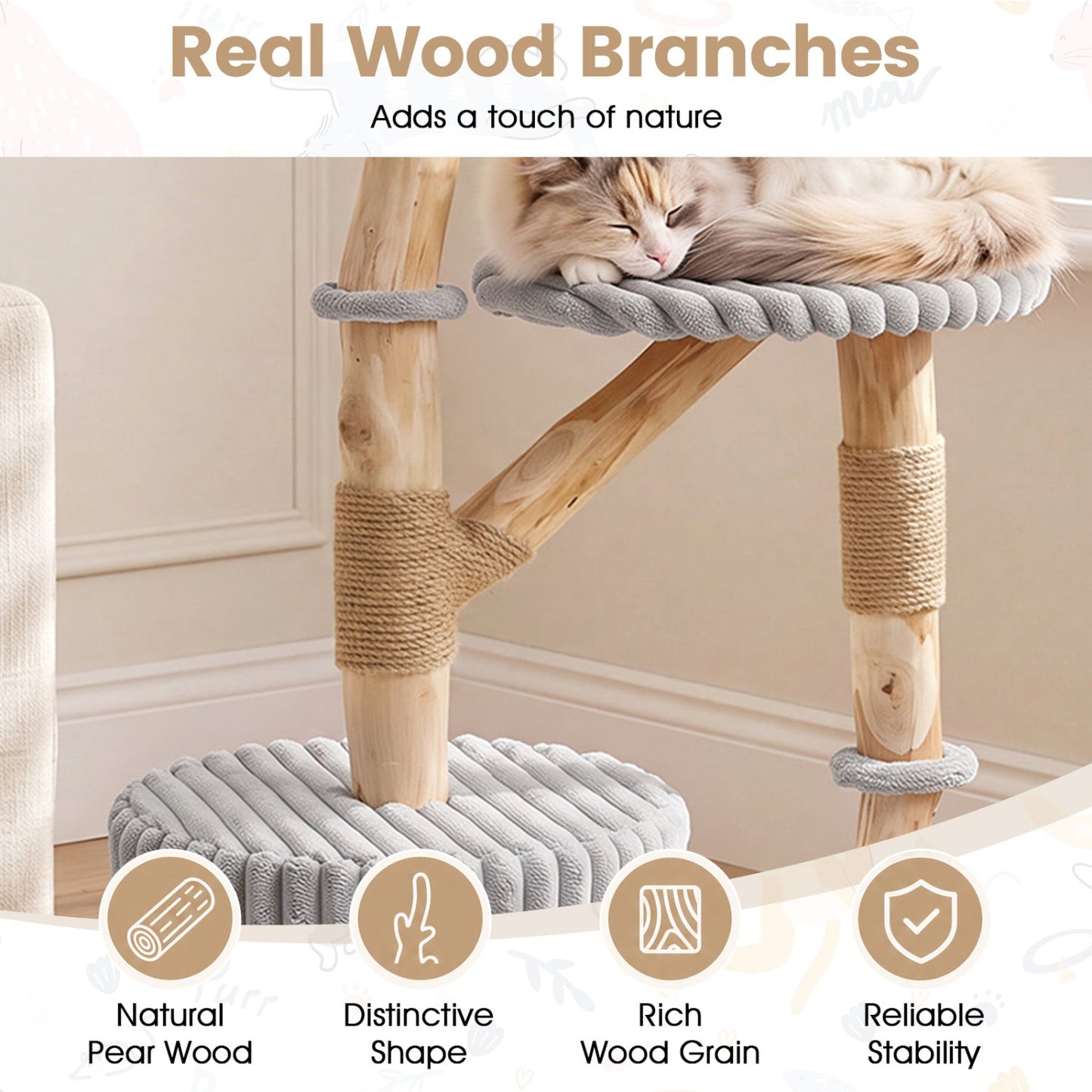 Solid Wood Cat Tree 41" with Real Branches & Cozy Bed