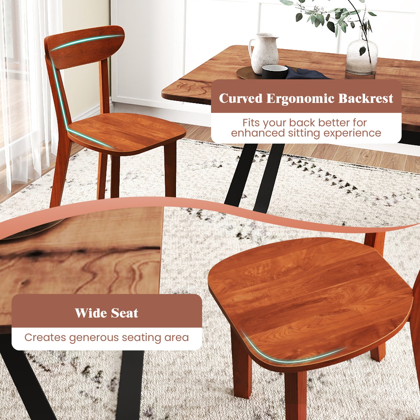 Solid Wood Dining Chairs Set of 2 with Curved Backrest