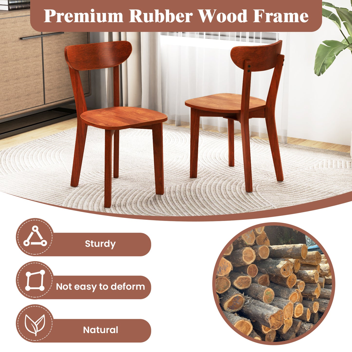 Solid Wood Dining Chairs Set of 2 with Curved Backrest