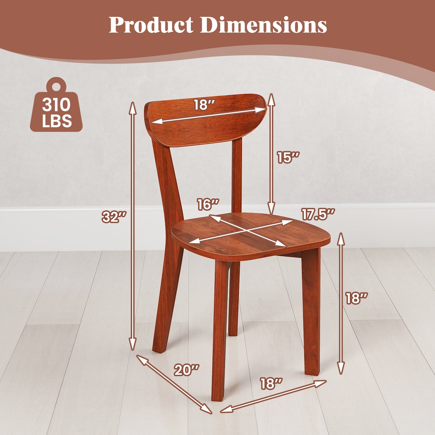 Solid Wood Dining Chairs Set of 2 with Curved Backrest