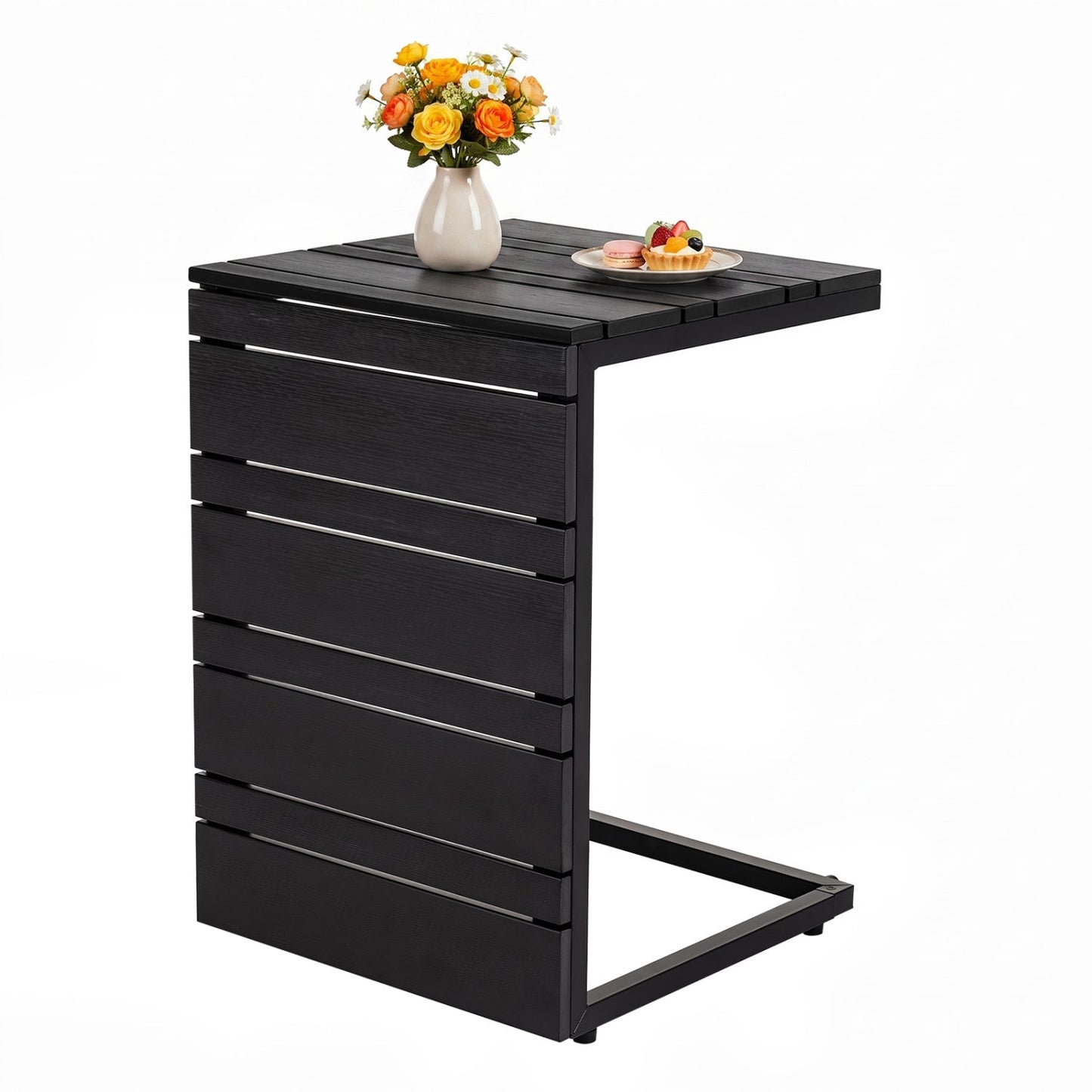 C-Shaped Side Table with Wood-Plastic Top for Indoor Outdoor