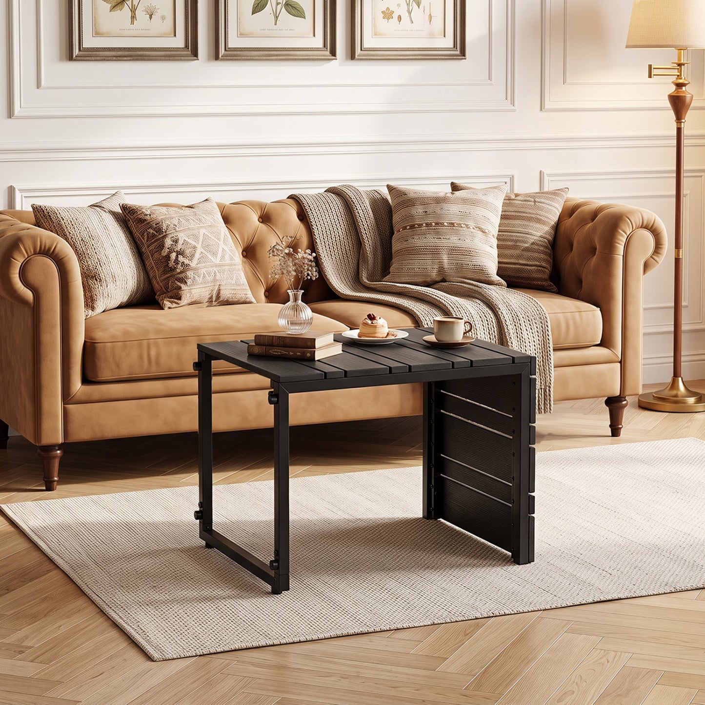 C-Shaped Side Table with Wood-Plastic Top for Indoor Outdoor