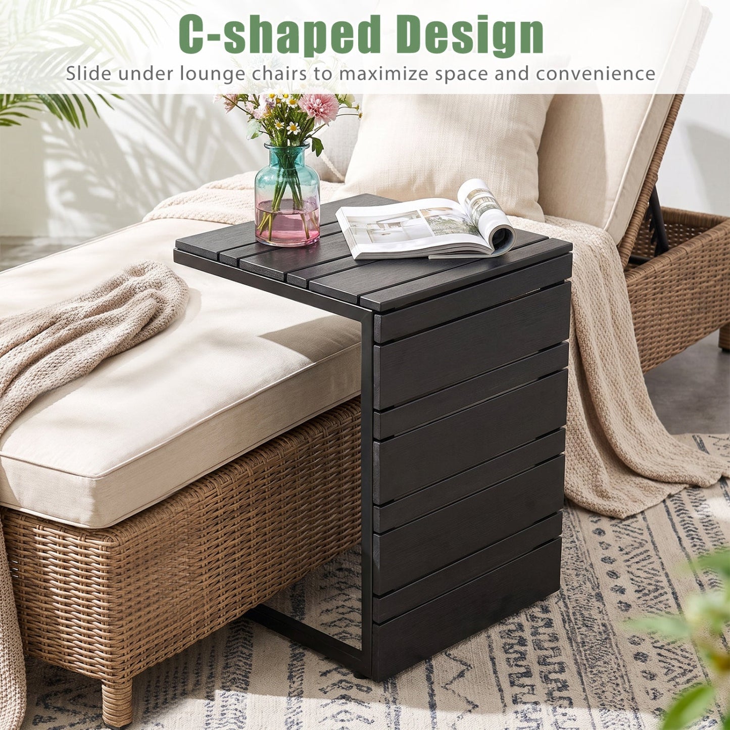C-Shaped Side Table with Wood-Plastic Top for Indoor Outdoor