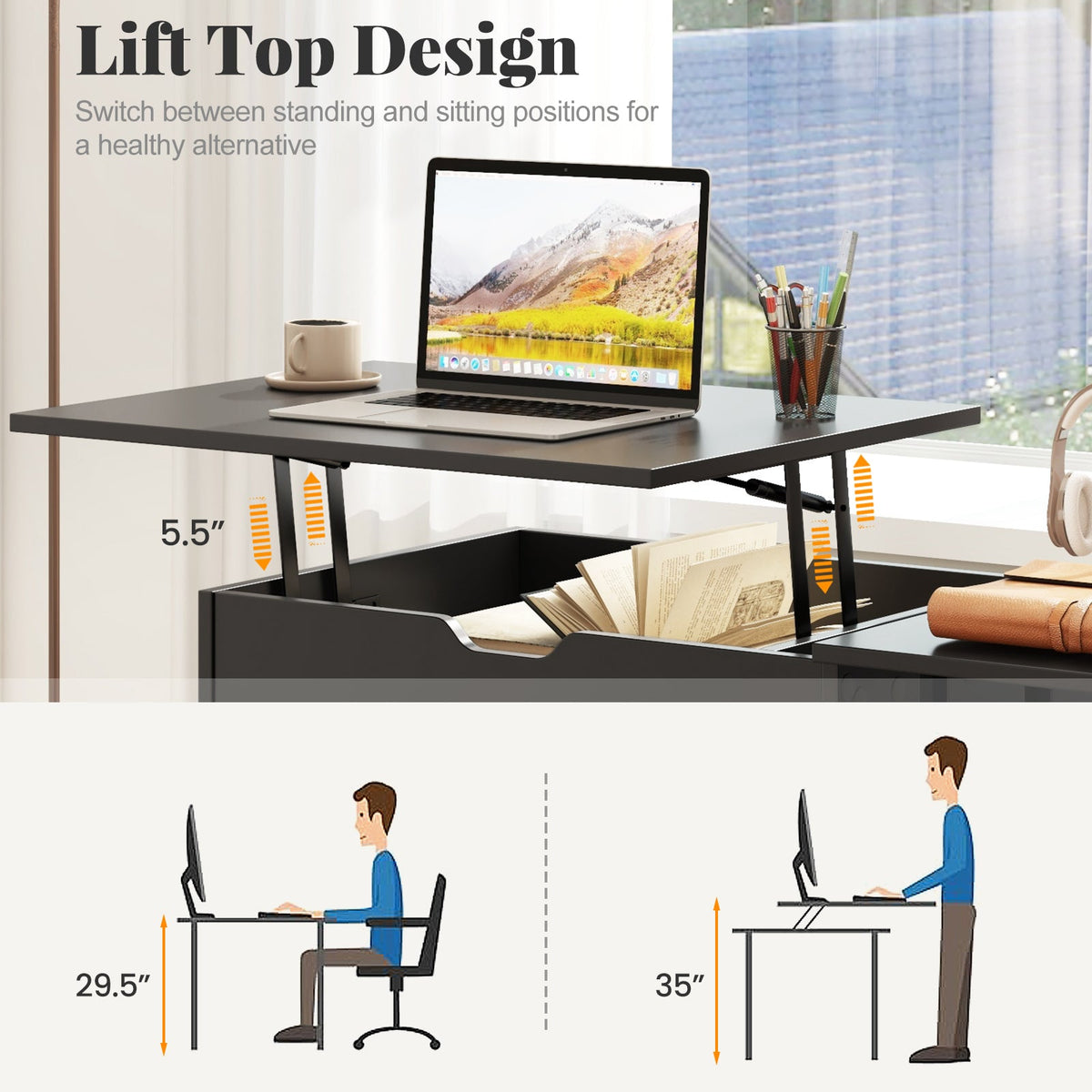 Space Saving Computer Desk with Hidden Compartment and Open Storage Shelves-Black
