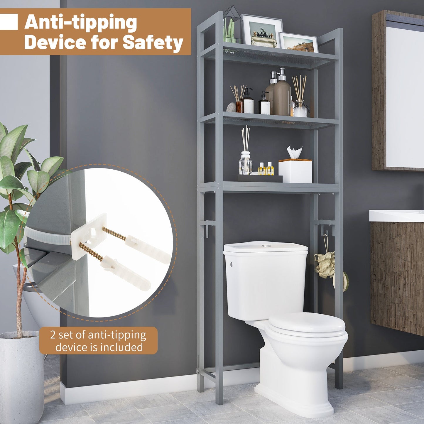 Over-The-Toilet Storage Shelf Space Saving Metal Bathroom Organizer Hooks