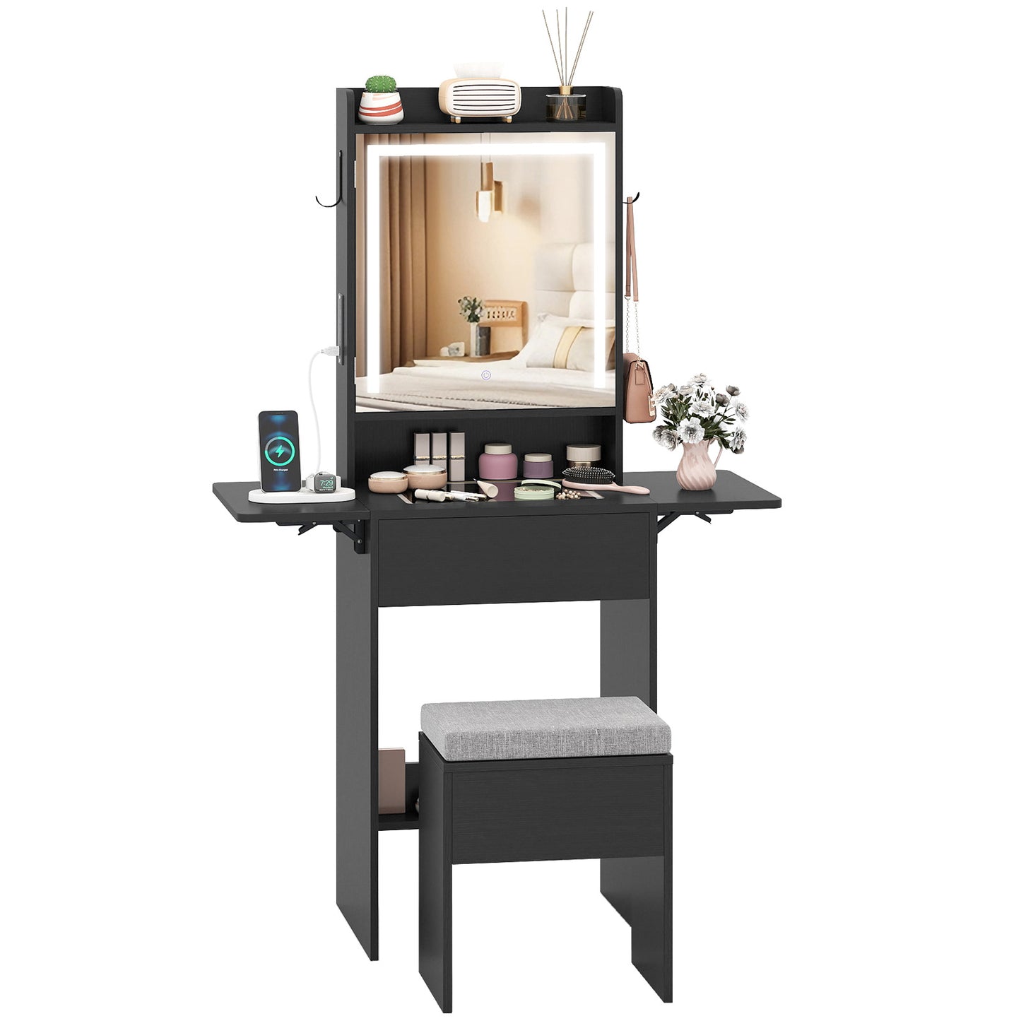Vanity Desk with Lighted Mirror and Storage Stool