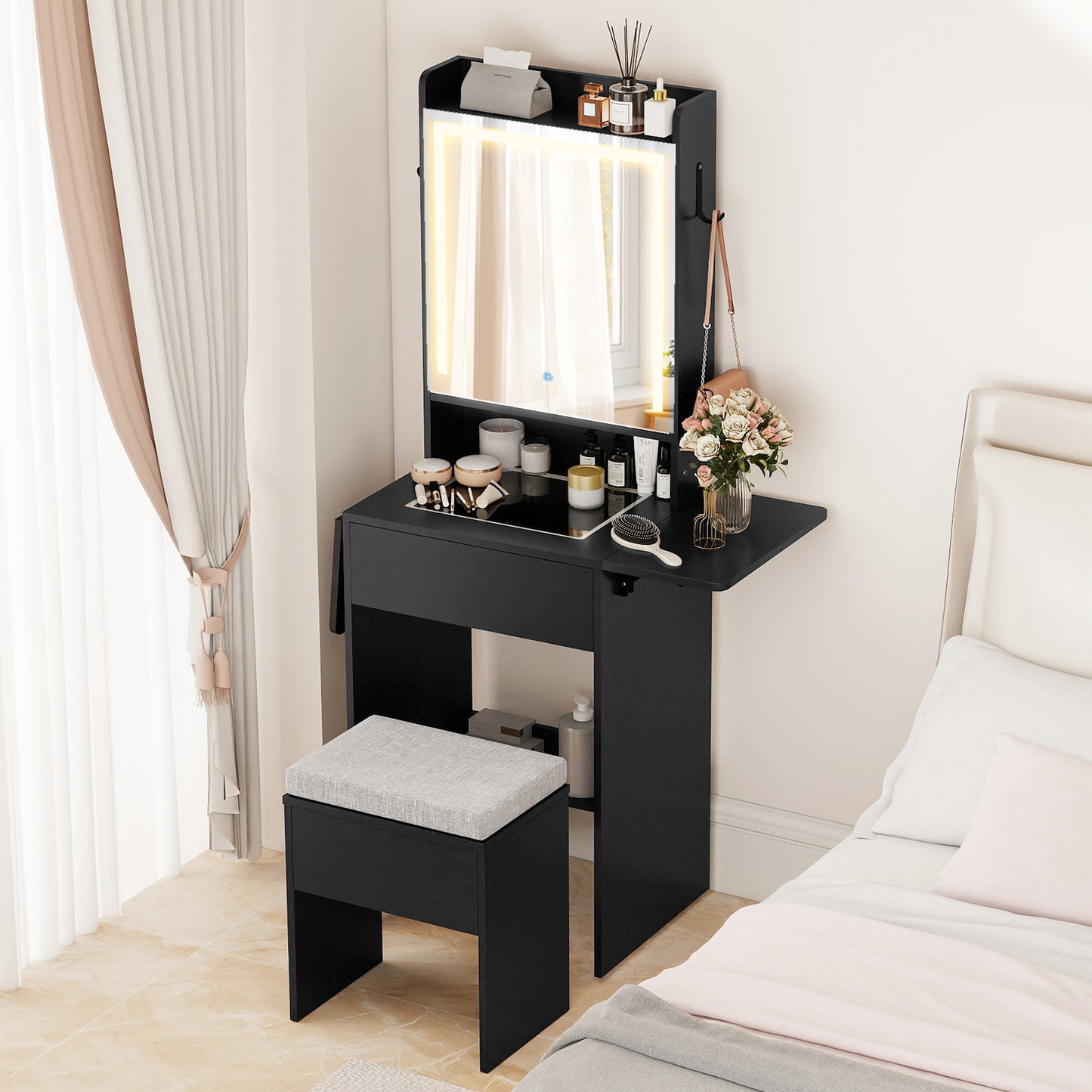 Vanity Desk with Lighted Mirror and Storage Stool