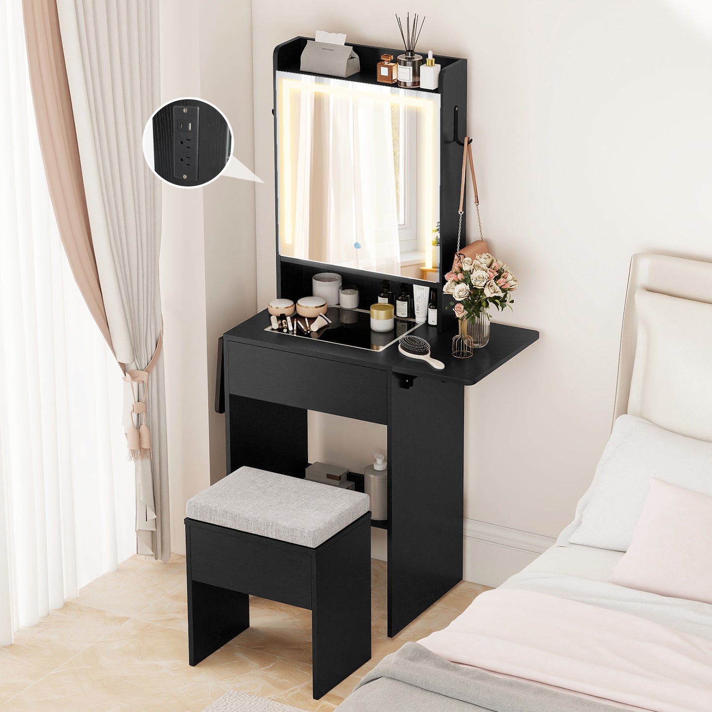 Vanity Desk with Lighted Mirror and Storage Stool