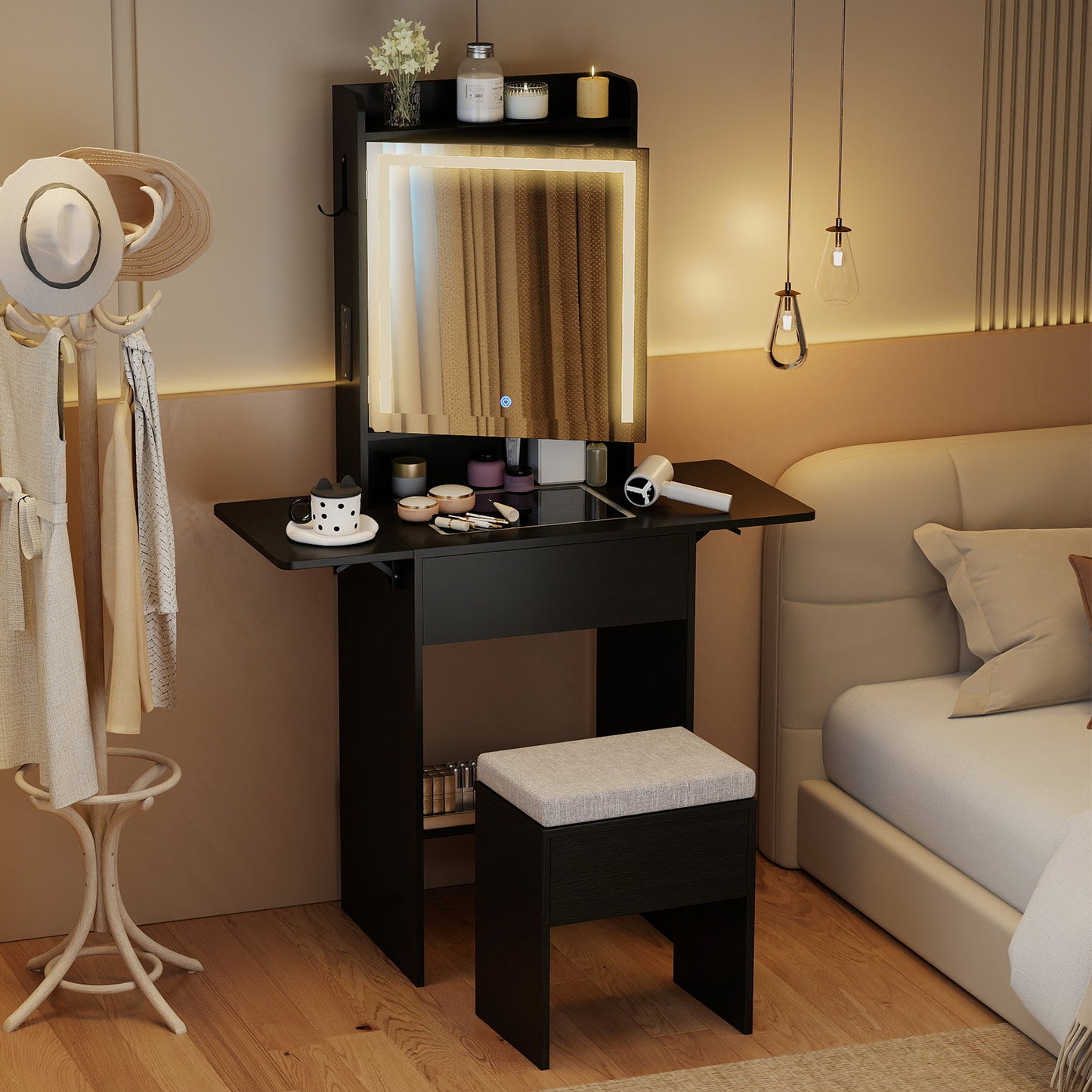 Vanity Desk with Lighted Mirror and Storage Stool