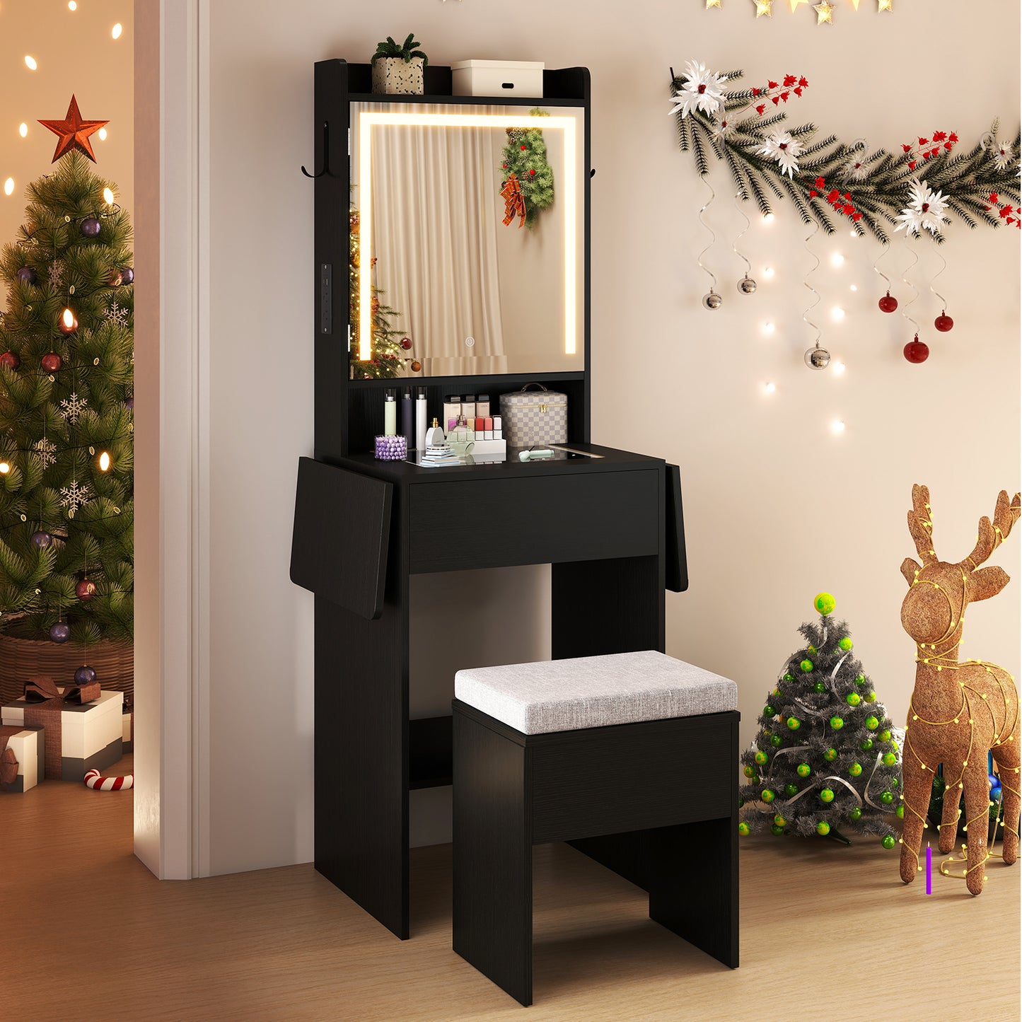 Vanity Desk with Lighted Mirror and Storage Stool