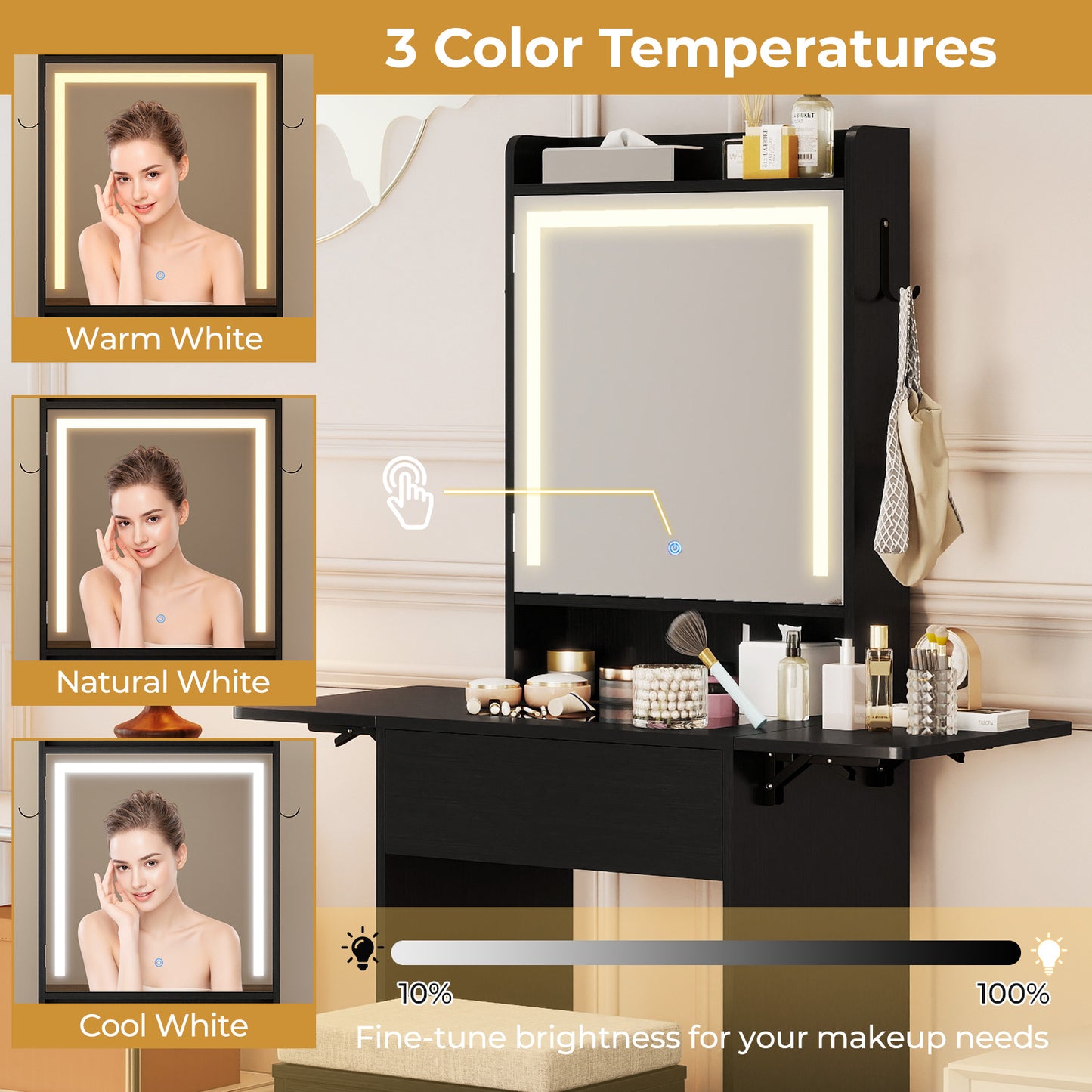 Vanity Desk with Lighted Mirror and Storage Stool
