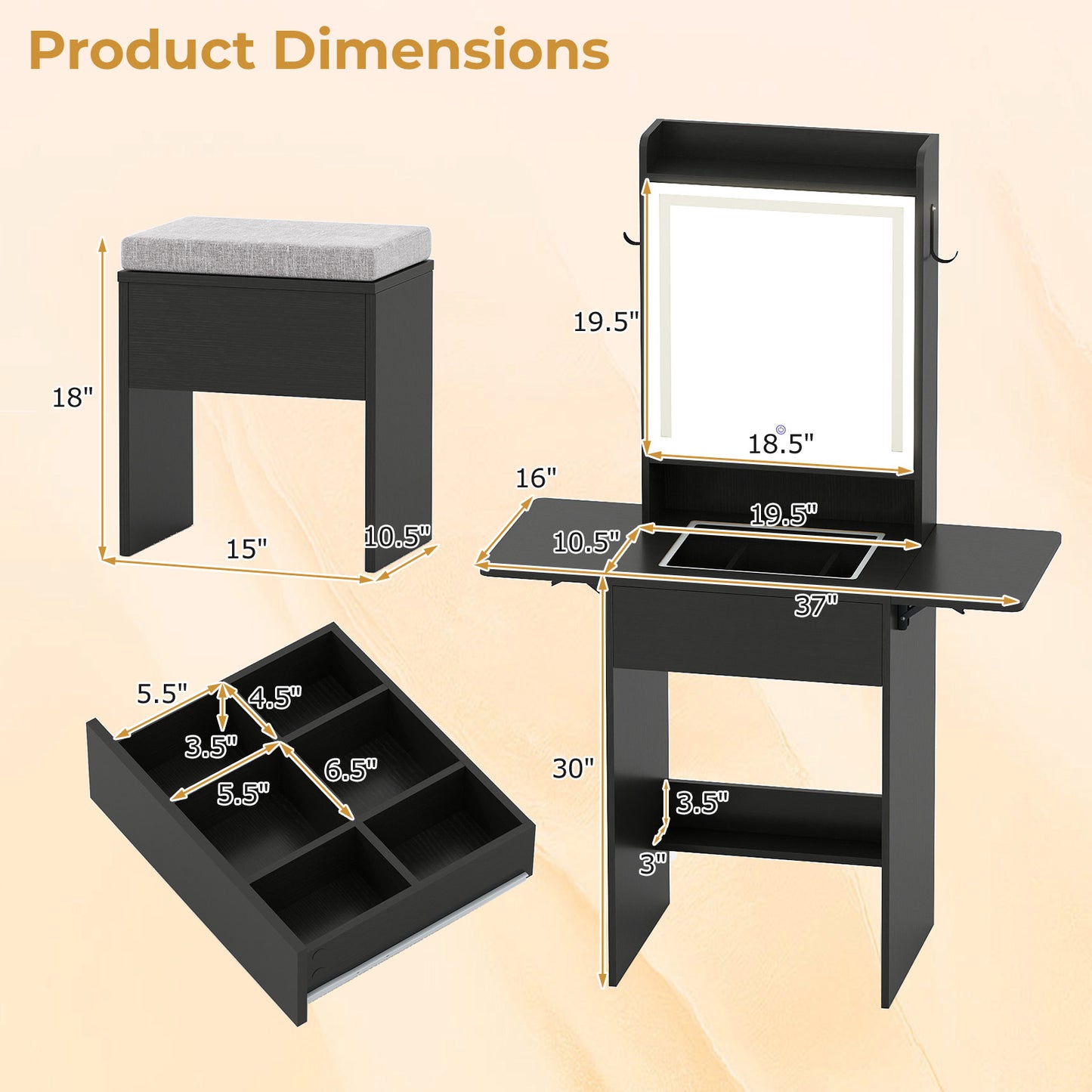 Vanity Desk with Lighted Mirror and Storage Stool