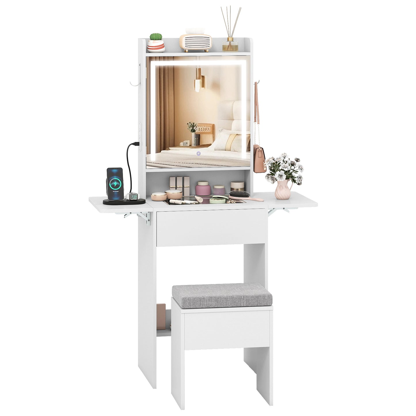 Vanity Desk with Lighted Mirror and Storage Stool