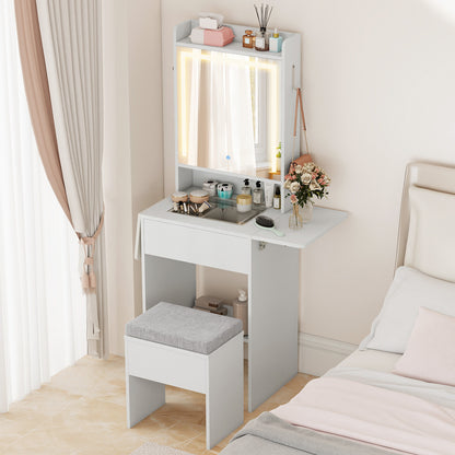Vanity Desk with Lighted Mirror and Storage Stool