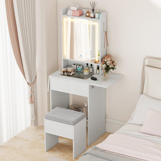 Vanity Desk with Lighted Mirror and Storage Stool