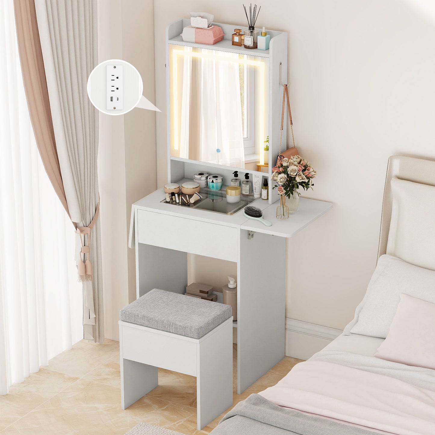 Vanity Desk with Lighted Mirror and Storage Stool