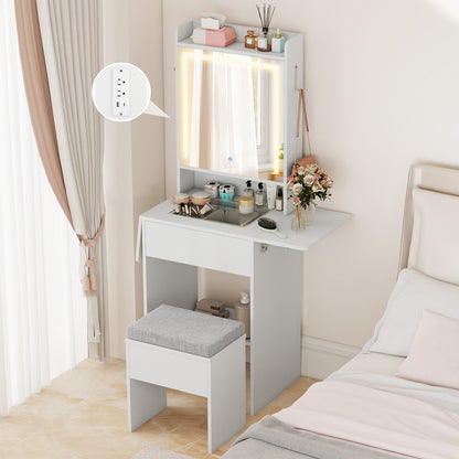 Vanity Desk with Lighted Mirror and Storage Stool
