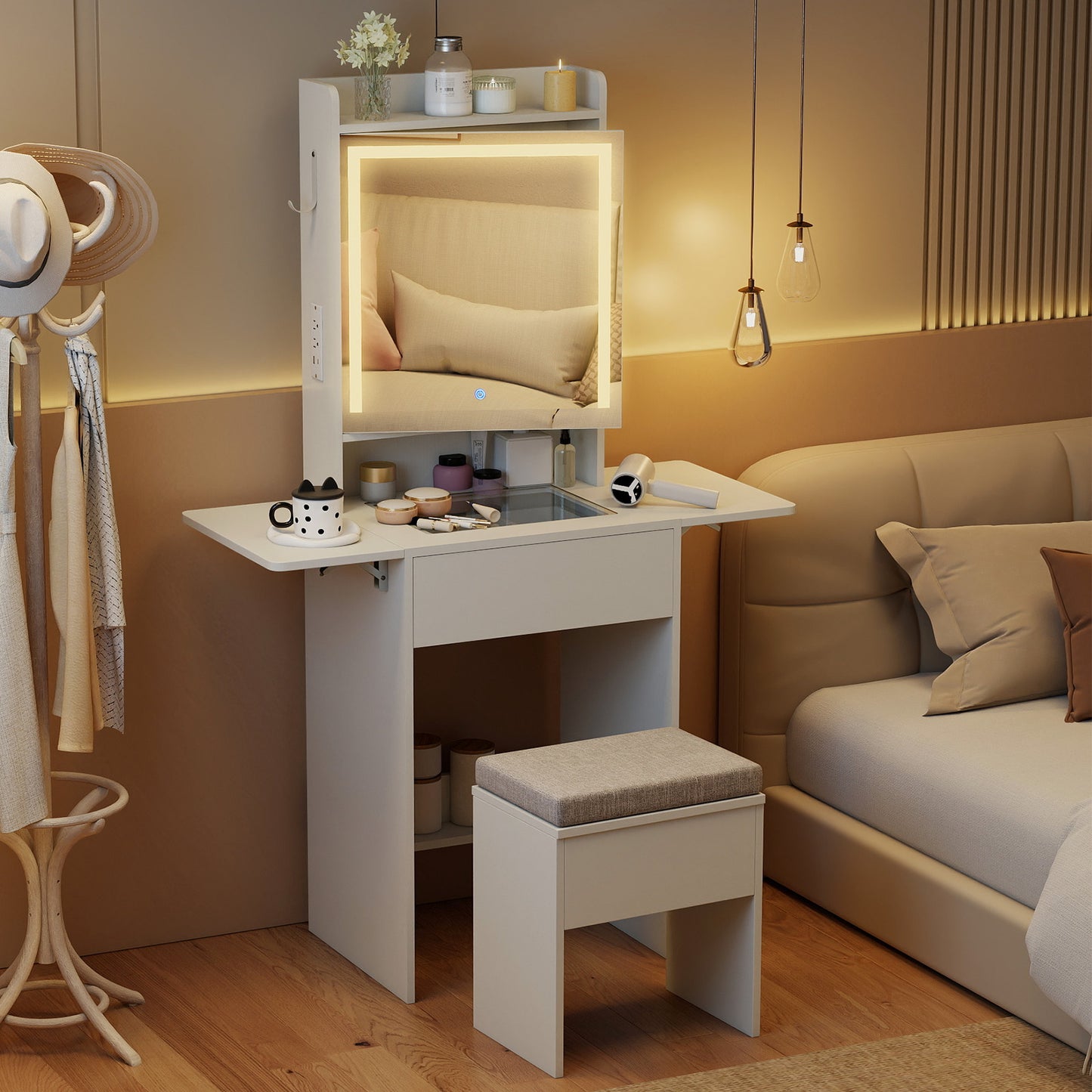 Vanity Desk with Lighted Mirror and Storage Stool