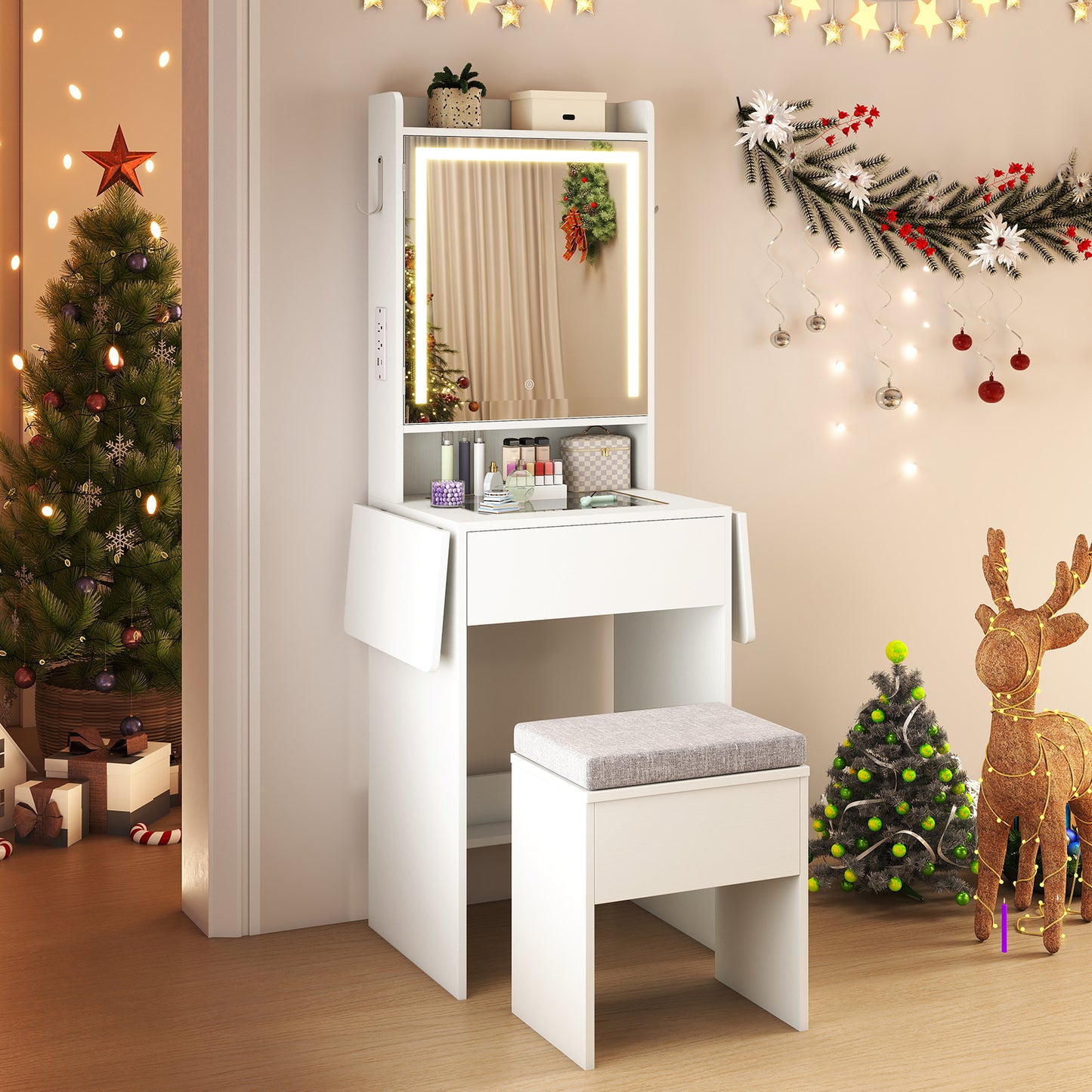 Vanity Desk with Lighted Mirror and Storage Stool