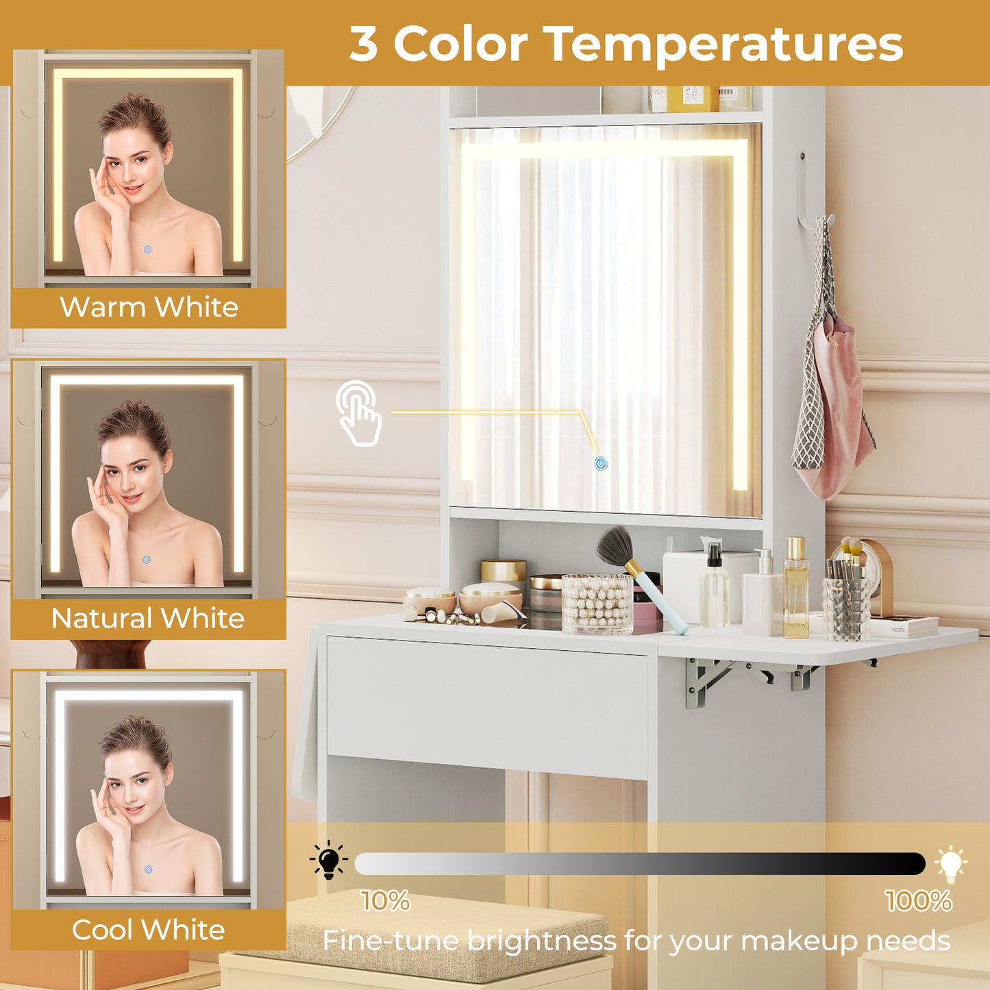 Vanity Desk with Lighted Mirror and Storage Stool