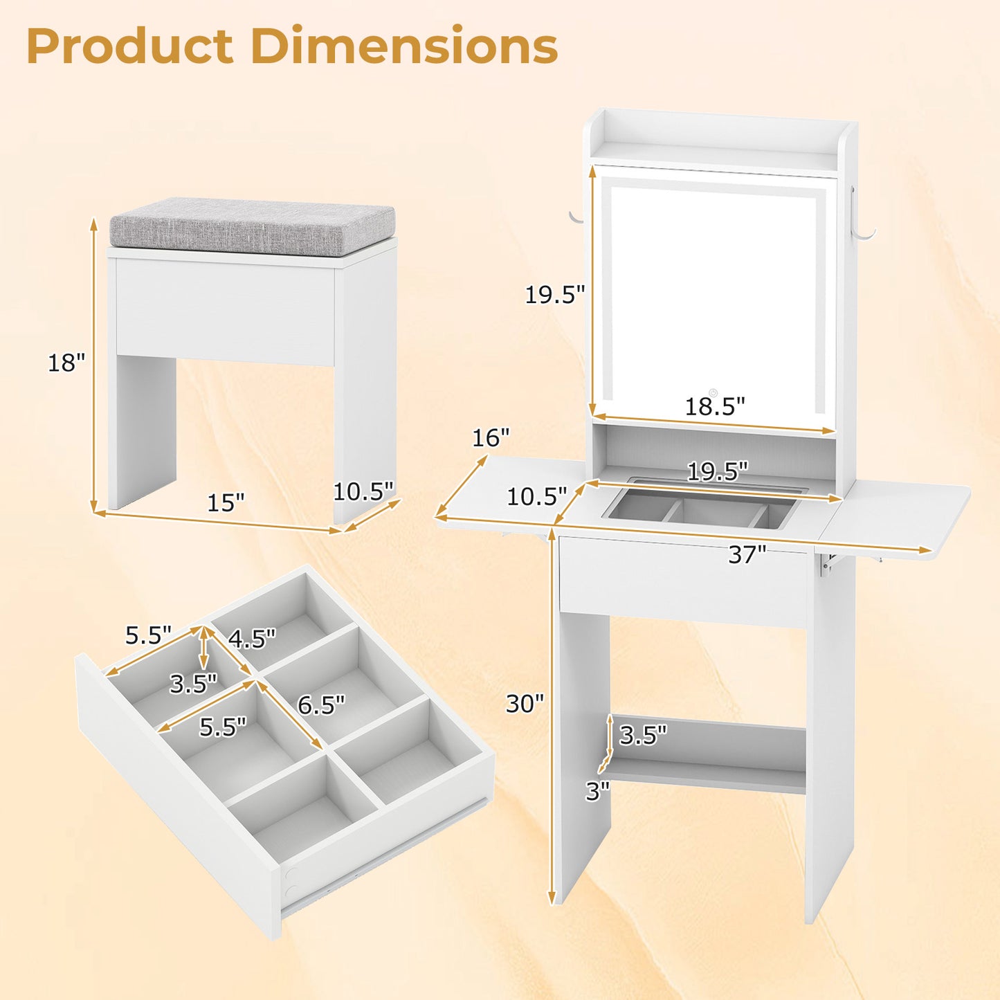 Vanity Desk with Lighted Mirror and Storage Stool