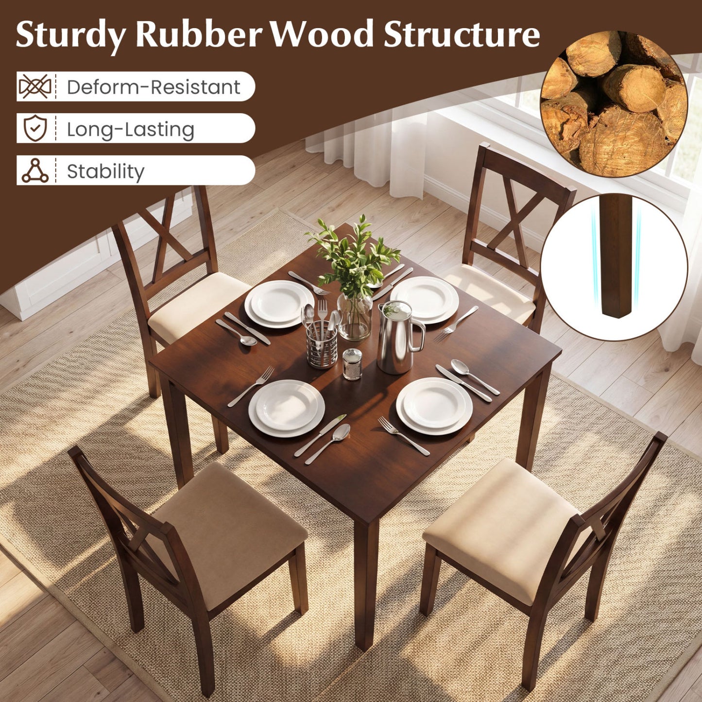 Square Dining Table Set with 4 Upholstered Chairs