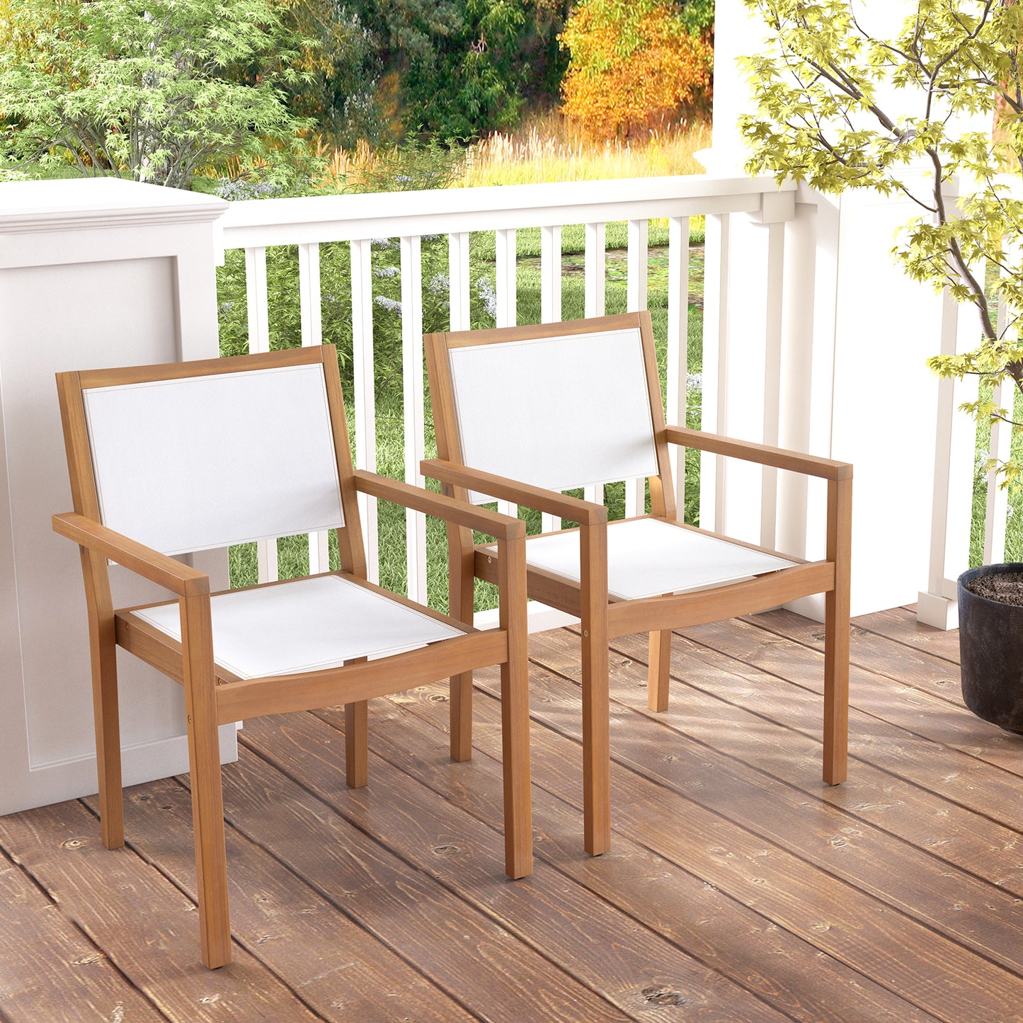 Stackable Outdoor Dining Chairs Set of 2 with Acacia Wood