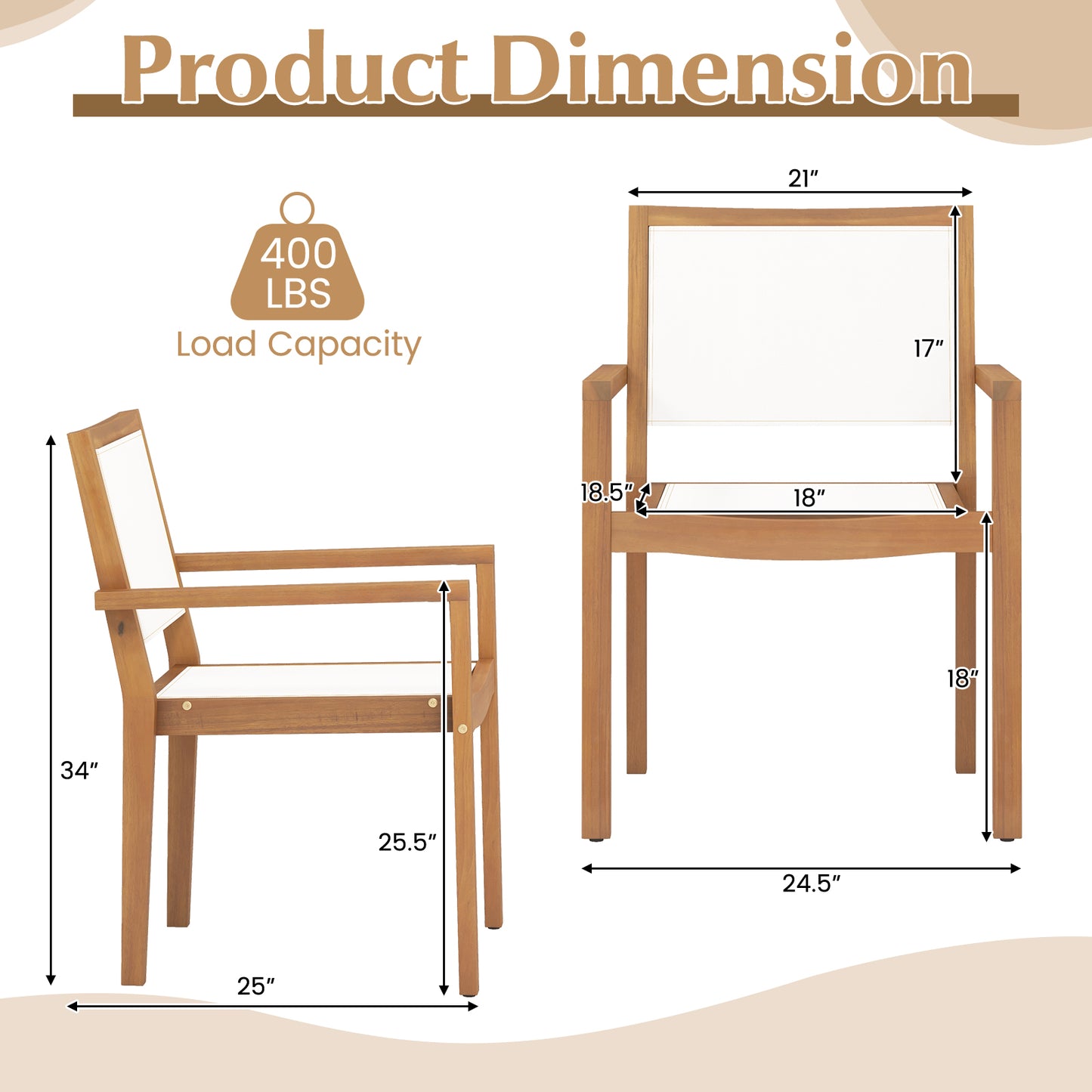 Stackable Outdoor Dining Chairs Set of 2 with Acacia Wood