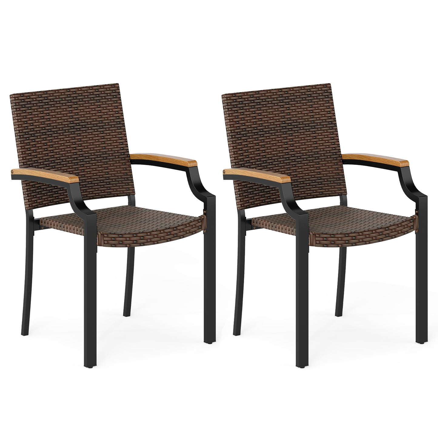 Stacking Patio Dining Chairs Set of 2 with Acacia Armrests