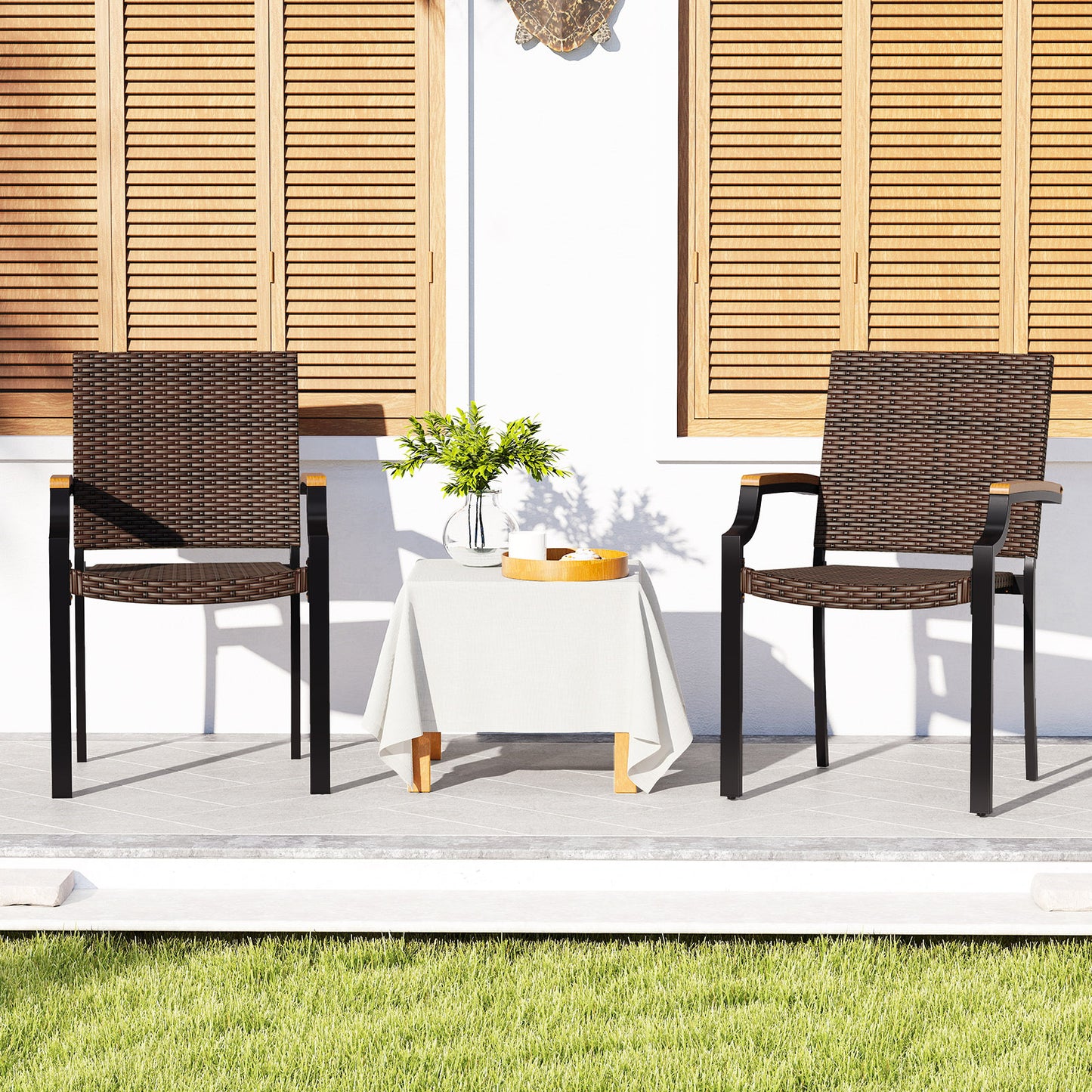 Stacking Patio Dining Chairs Set of 2 with Acacia Armrests