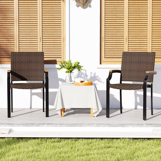 Stacking Patio Dining Chairs Set of 2 with Acacia Armrests